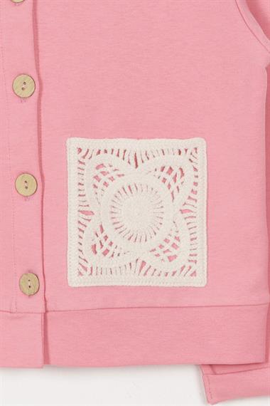 Bisiklet Yaka Uzun Kol Dantel Cep Detaylı Koyu Pembe Renk Kız Çocuk İkili Takım
