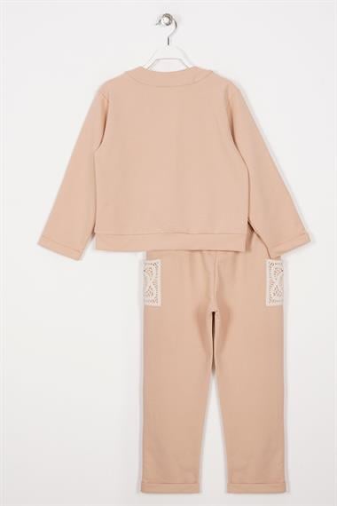 Bisiklet Yaka Uzun Kol Dantel Cep Detaylı Bej Renk Kız Çocuk İkili Takım