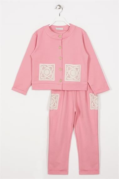 Bisiklet Yaka Uzun Kol Dantel Cep Detaylı Koyu Pembe Renk Kız Çocuk İkili Takım