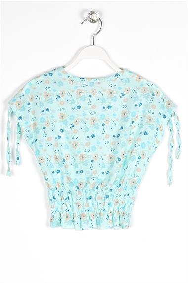 Bisiklet Yaka Kısa Kol Bel Büzgülü Omuzları Bağcıklı Çiçek Baskılı Mint Renk Kız Çocuk Bluz