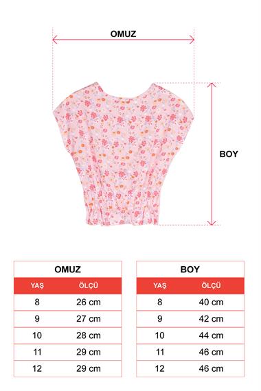 Bisiklet Yaka Kısa Kol Bel Büzgülü Omuzları Bağcıklı Çiçek Baskılı Pembe Renk Kız Çocuk Bluz