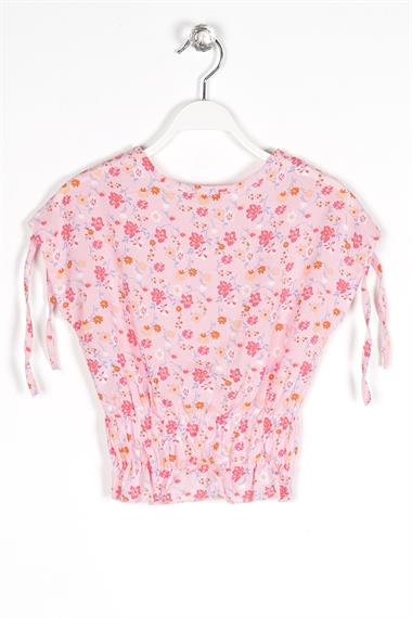 Bisiklet Yaka Kısa Kol Bel Büzgülü Omuzları Bağcıklı Çiçek Baskılı Pembe Renk Kız Çocuk Bluz