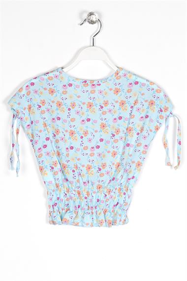 Bisiklet Yaka Kısa Kol Bel Büzgülü Omuzları Bağcıklı Çiçek Baskılı Mavi Renk Kız Çocuk Bluz