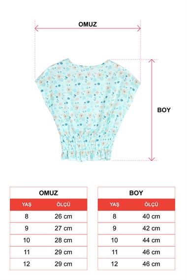 Bisiklet Yaka Kısa Kol Bel Büzgülü Omuzları Bağcıklı Çiçek Baskılı Mint Renk Kız Çocuk Bluz