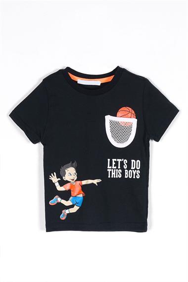 Bisiklet Yaka Kısa Kol Lets Do This Baskı Fileli Cepli Lacivert Renk Erkek Çocuk Tshirt