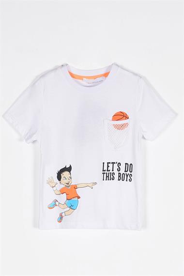 Bisiklet Yaka Kısa Kol Lets Do This Baskı Fileli Cepli Beyaz Renk Erkek Çocuk Tshirt