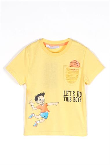 Bisiklet Yaka Kısa Kol Lets Do This Baskı Fileli Cepli Sari Renk Erkek Çocuk Tshirt