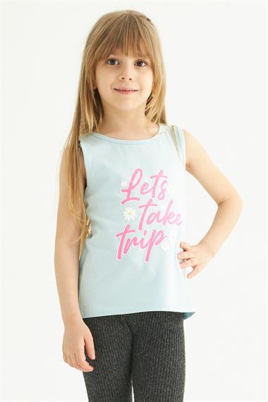 Bisiklet Yaka Sıfır Kol Baskılı Mint Renk Kız Çocuk Tshirt