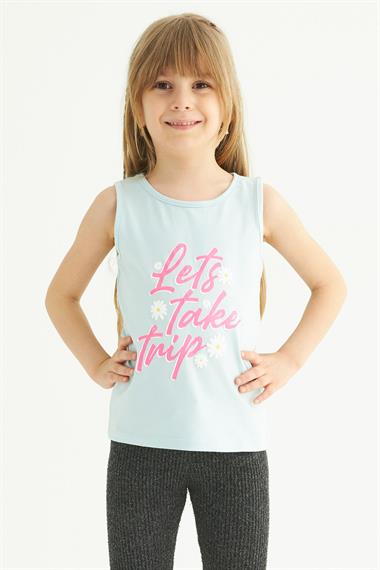 Bisiklet Yaka Sıfır Kol Baskılı Mint Renk Kız Çocuk Tshirt