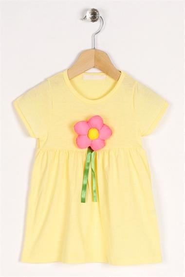 Bisiklet Yaka Kısa Kol Puf Çiçekli Sarı Renk Kız Çocuk Elbise