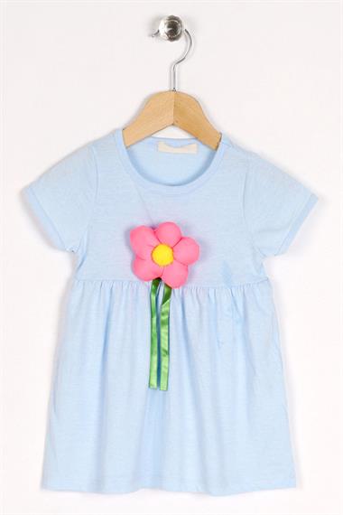 Bisiklet Yaka Kısa Kol Puf Çiçekli Mavi Renk Kız Çocuk Elbise