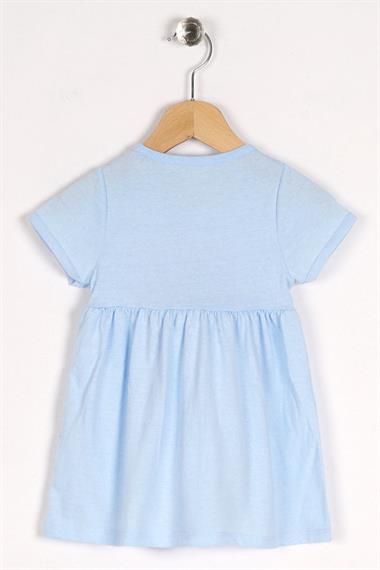 Bisiklet Yaka Kısa Kol Puf Çiçekli Mavi Renk Kız Çocuk Elbise
