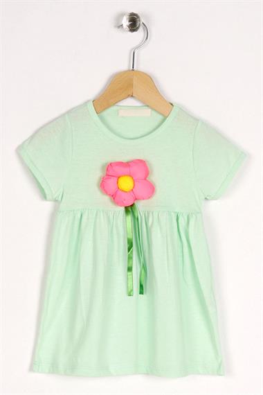 Bisiklet Yaka Kısa Kol Puf Çiçekli Mint Renk Kız Çocuk Elbise