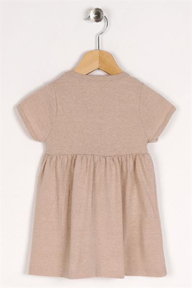 Bisiklet Yaka Kısa Kol Puf Çiçekli Vizon Renk Kız Çocuk Elbise