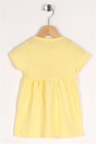 Bisiklet Yaka Kısa Kol Puf Çiçekli Sarı Renk Kız Çocuk Elbise