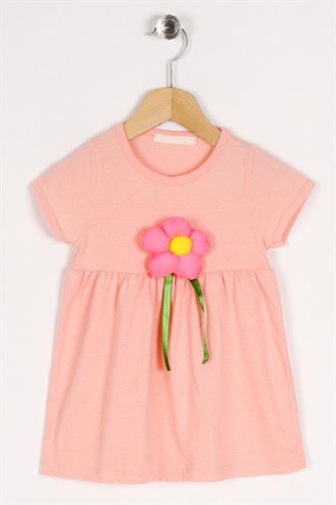 Bisiklet Yaka Kısa Kol Puf Çiçekli Somon Renk Kız Çocuk Elbise