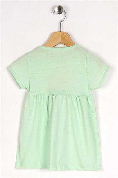 Bisiklet Yaka Kısa Kol Puf Çiçekli Mint Renk Kız Çocuk Elbise