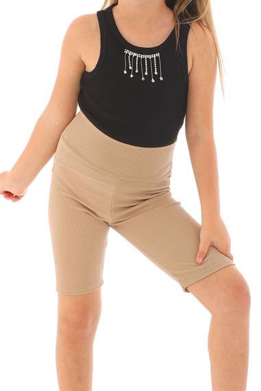 Fıtıllı Bej Renk Kız Çocuk Tayt