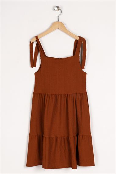 Askılı Ön Düğmeli Kahverengi Renk Kız Çocuk Elbise