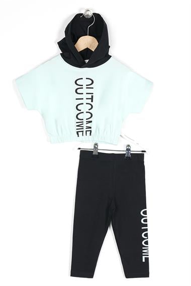 Kapüşonlu Kısa Kol Outcome Baskılı Beli Lastikli Mint Renk Kız Çocuk Taytlı Takım