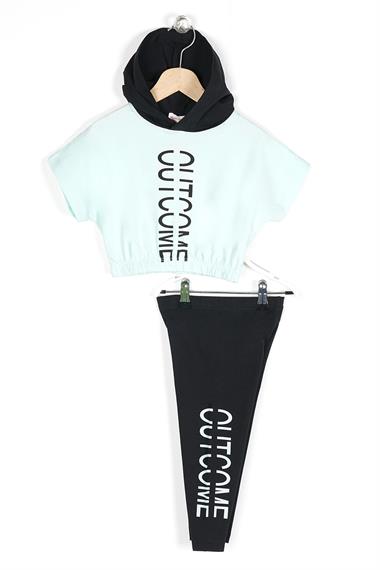 Kapüşonlu Kısa Kol Outcome Baskılı Beli Lastikli Mint Renk Kız Çocuk Taytlı Takım