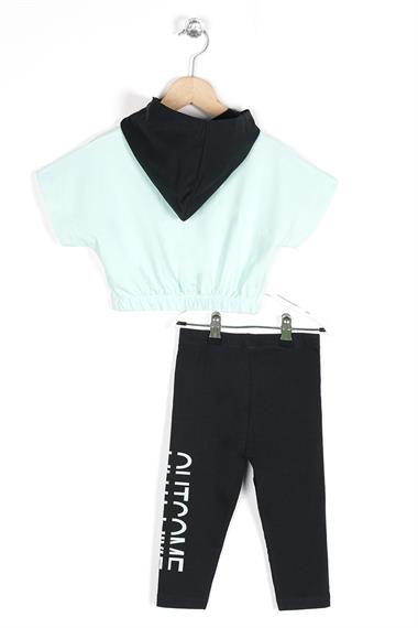 Kapüşonlu Kısa Kol Outcome Baskılı Beli Lastikli Mint Renk Kız Çocuk Taytlı Takım