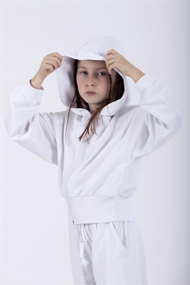 Kapüşonlu Uzun Kol Bol Kesım Beyaz Renk Kız Çocuk  Eşofman Takımı