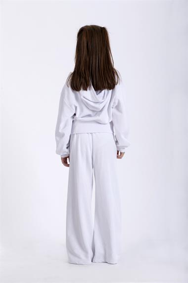Kapüşonlu Uzun Kol Bol Kesım Beyaz Renk Kız Çocuk  Eşofman Takımı