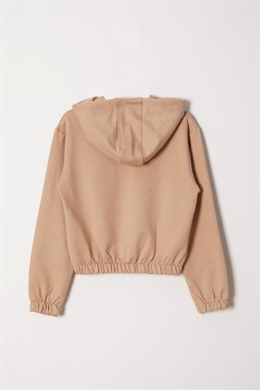 Kapüşonlu Uzun Kol Daısy Flowrs Leaf Baskılı Bej Renk Kız Çocuk Ikılı Takım