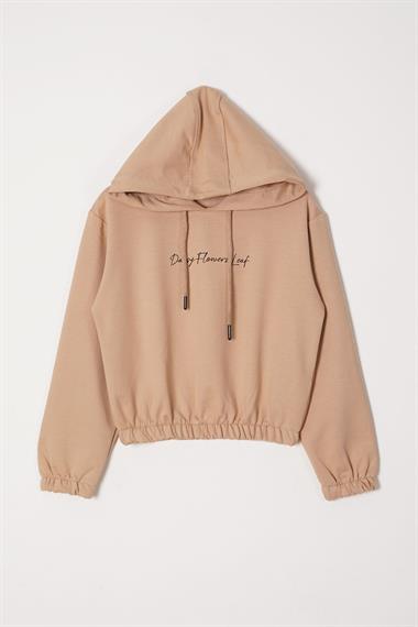 Kapüşonlu Uzun Kol Daısy Flowrs Leaf Baskılı Bej Renk Kız Çocuk Ikılı Takım