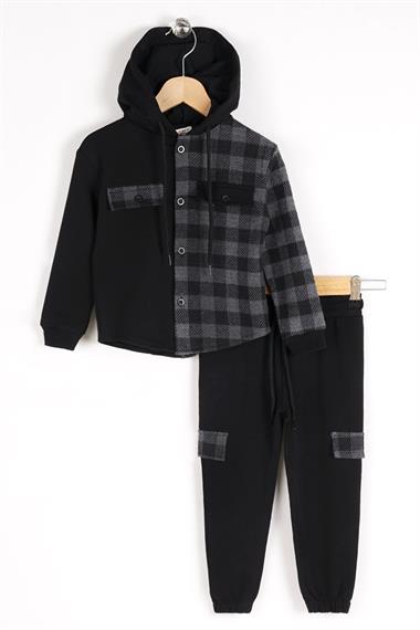 Kapüşonlu Uzun Kol Ekoselı Ceplı Antrasit Renk Erkek Çocuk Esofman Takım