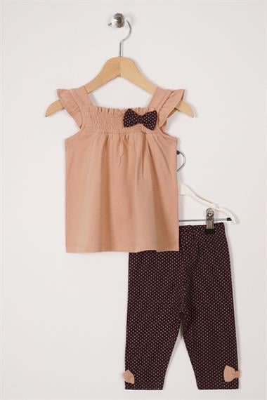 Kare Yaka Fırfır Kol Puantiyeli Bej Kahve Renk Kız Çocuk Taytlı Takım
