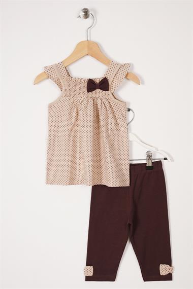 Kare Yaka Fırfır Kol Puantiyeli Bej Puantiye Renk Kız Çocuk Taytlı Takım