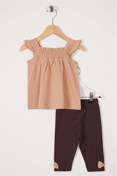 Kare Yaka Fırfır Kol Puantiyeli Bej Kahve Renk Kız Çocuk Taytlı Takım