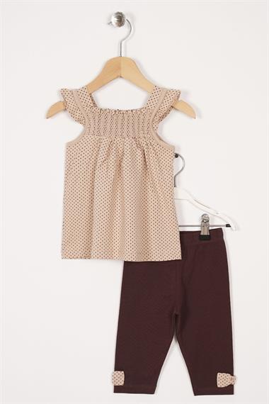 Kare Yaka Fırfır Kol Puantiyeli Bej Puantiye Renk Kız Çocuk Taytlı Takım