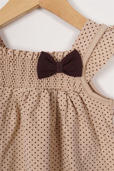 Kare Yaka Fırfır Kol Puantiyeli Bej Puantiye Renk Kız Çocuk Taytlı Takım