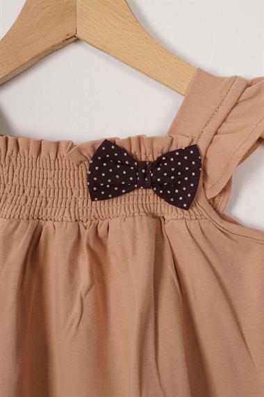 Kare Yaka Fırfır Kol Puantiyeli Bej Kahve Renk Kız Çocuk Taytlı Takım