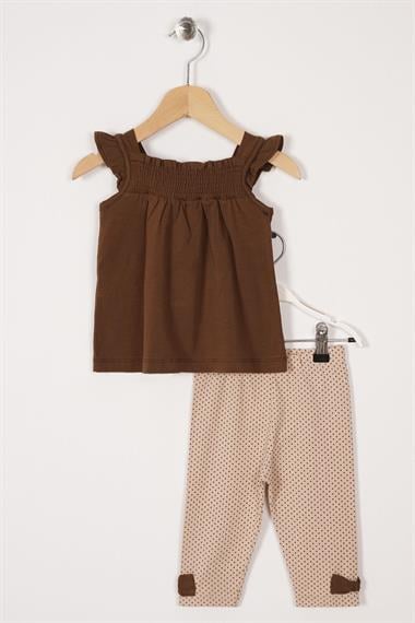 Kare Yaka Fırfır Kol Puantiyeli Kahverengi Bej Renk Kız Çocuk Taytlı Takım