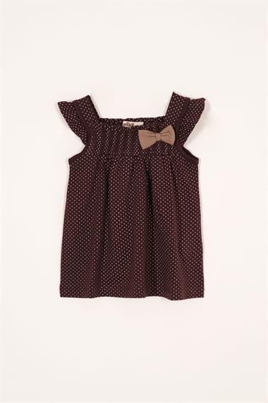 Kare Yaka Fırfır Kol Puantiyeli Kahve Puantiye Renk Kız Çocuk Taytlı Takım