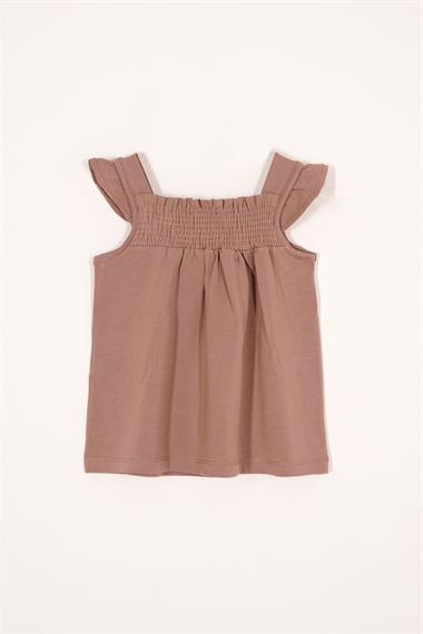 Kare Yaka Fırfır Kol Puantiyeli Kahverengi Renk Kız Çocuk Taytlı Takım