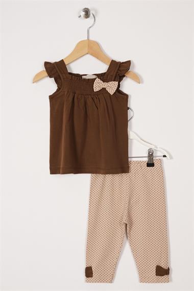 Kare Yaka Fırfır Kol Puantiyeli Kahverengi Bej Renk Kız Çocuk Taytlı Takım