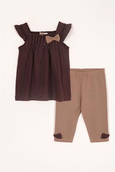 Kare Yaka Fırfır Kol Puantiyeli Kahve Puantiye Renk Kız Çocuk Taytlı Takım