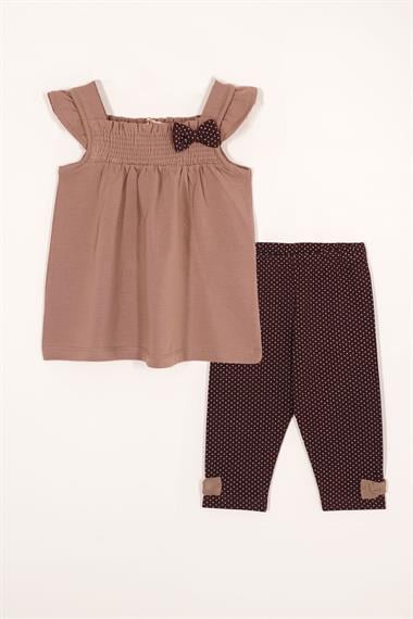 Kare Yaka Fırfır Kol Puantiyeli Kahverengi Renk Kız Çocuk Taytlı Takım