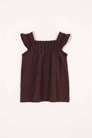 Kare Yaka Fırfır Kol Puantiyeli Kahve Puantiye Renk Kız Çocuk Taytlı Takım