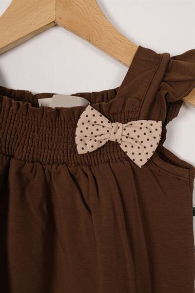 Kare Yaka Fırfır Kol Puantiyeli Kahverengi Bej Renk Kız Çocuk Taytlı Takım