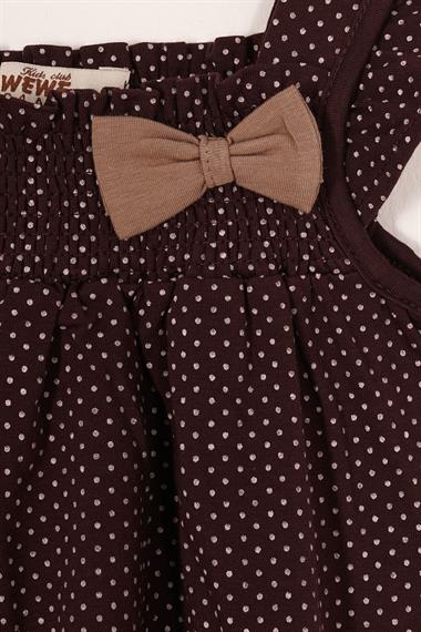 Kare Yaka Fırfır Kol Puantiyeli Kahve Puantiye Renk Kız Çocuk Taytlı Takım