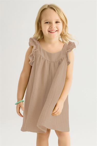 Kare Yaka Kısa Kol Geniş Büzgülü Bej Renk Kız Çocuk Elbise