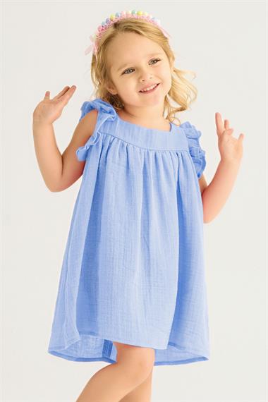 Kare Yaka Kısa Kol Geniş Büzgülü Bebe Mavisi Renk Kız Çocuk Elbise