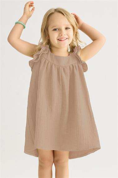 Kare Yaka Kısa Kol Geniş Büzgülü Bej Renk Kız Çocuk Elbise