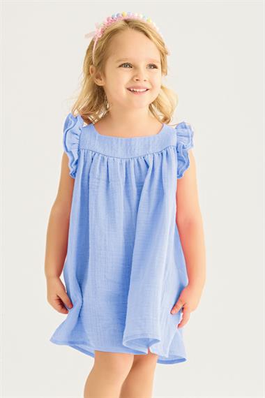 Kare Yaka Kısa Kol Geniş Büzgülü Bebe Mavisi Renk Kız Çocuk Elbise